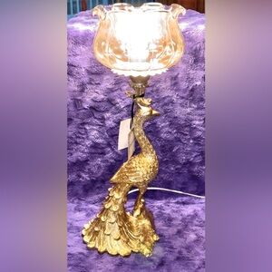NEW KARMA Gold PEACOCK Table Lamp. 21" tall. Decorative Piece. Glass globe shade